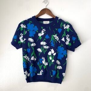 NWT Kate Spade Short Sleeve Sweater Blue Floral sz Small Crewneck Knit Pullover
